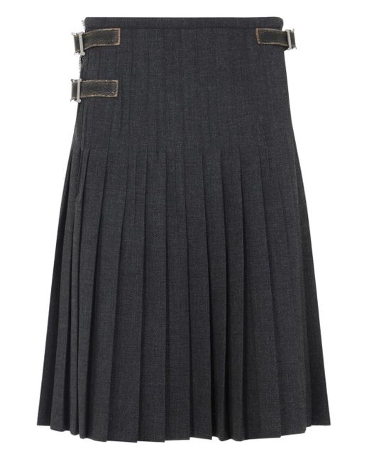 Prada Gray Buckle-Fastening Pleated Wool Midi Skirt