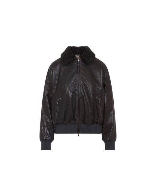 Brunello Cucinelli Black Shearling Collar Leather Jacket