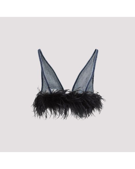 Miu Miu Blue Cotton Top With Feathers