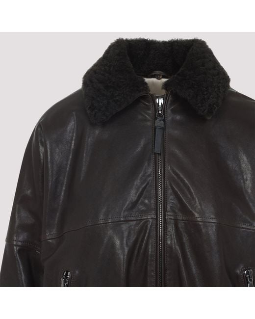 Brunello Cucinelli Black Shearling Collar Leather Jacket