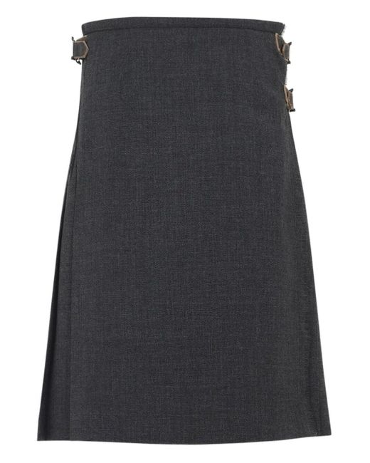 Prada Gray Buckle-Fastening Pleated Wool Midi Skirt