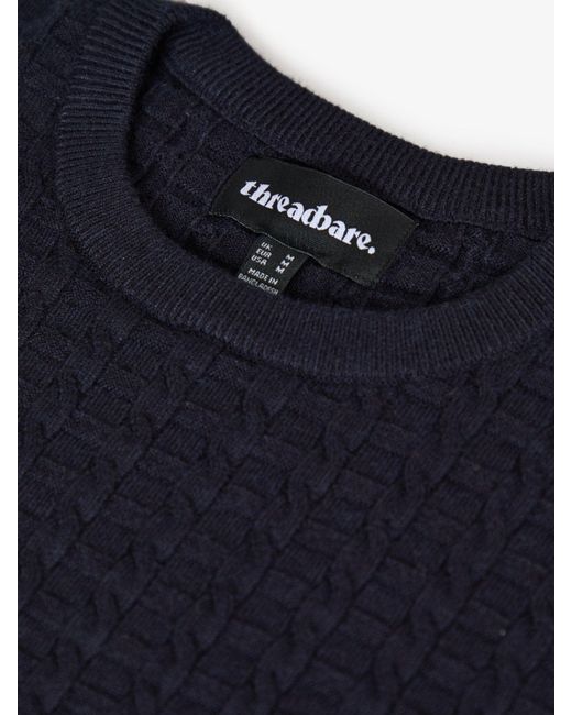 Threadbare Blue Cable Knit Crew Neck Jumper for men
