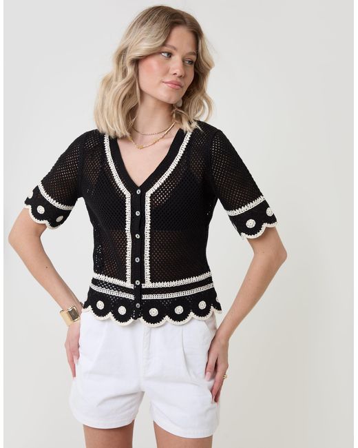Threadbare Black Crochet Flower Hem Button Up Top