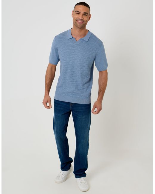 Threadbare Blue Textured Knit Front Trophy Neck Polo for men