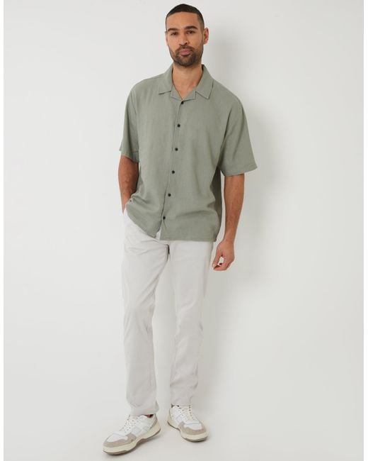 Threadbare Green Relaxed Fit Linen Blend Revere Collar Short Sleeve Shirt for men