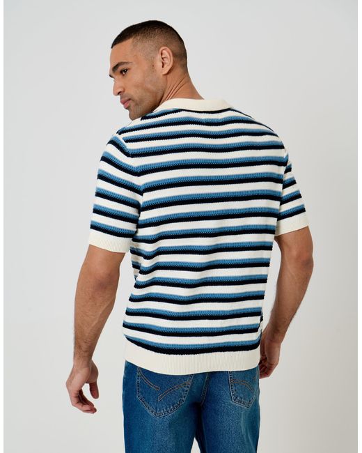 Threadbare Blue Textured Knitted Trophy Neck Polo for men