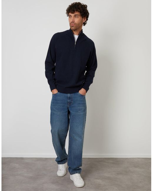 Threadbare Blue Mock Tee Textured Knit Quarter Zip Jumper for men