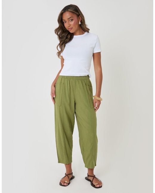 Threadbare Green Linen Blend Pocket Detail Barrel Leg Trousers