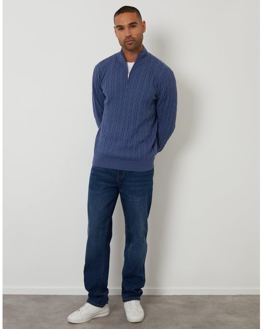Threadbare Blue Cable Knit Quarter Zip Jumper for men