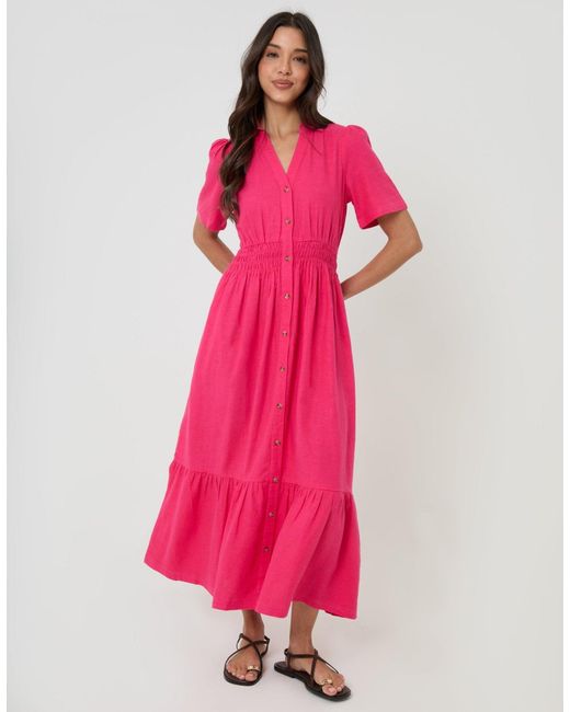 Threadbare Pink Tiered Linen Blend V Neck Maxi Dress