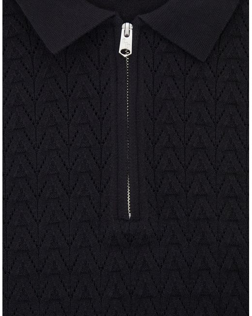 Threadbare Blue Textured Knit Quarter Zip Polo Jumper for men