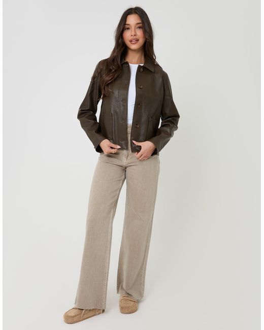 Threadbare Brown Faux Leather Cropped Button Up Jacket