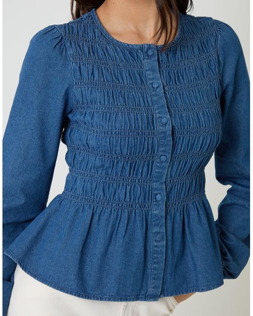 Threadbare Blue Denim Shirred Smock Blouse