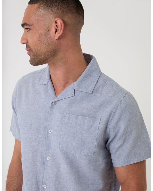 Threadbare Blue Linen Cotton Blend Short Sleeve Shirt for men