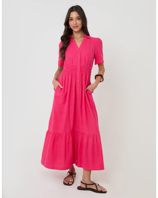 Threadbare Pink Tiered Linen Blend V Neck Maxi Dress