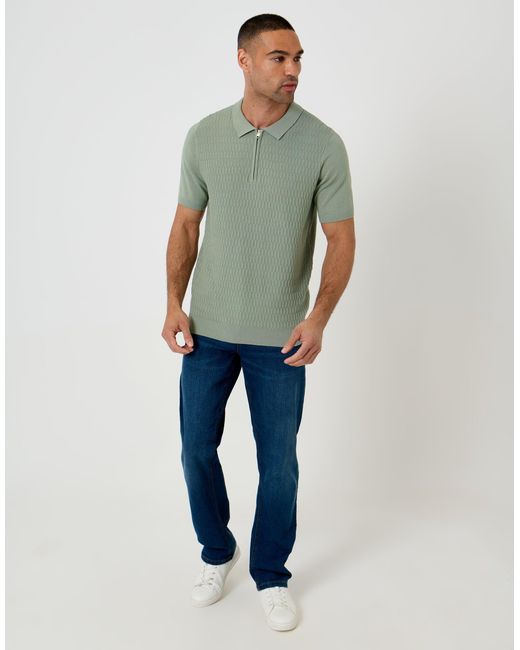 Threadbare Green Textured Knit Quarter Zip Polo for men