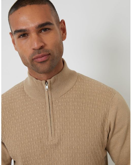 Threadbare Natural Mini Cable Knit Quarter Zip Jumper for men