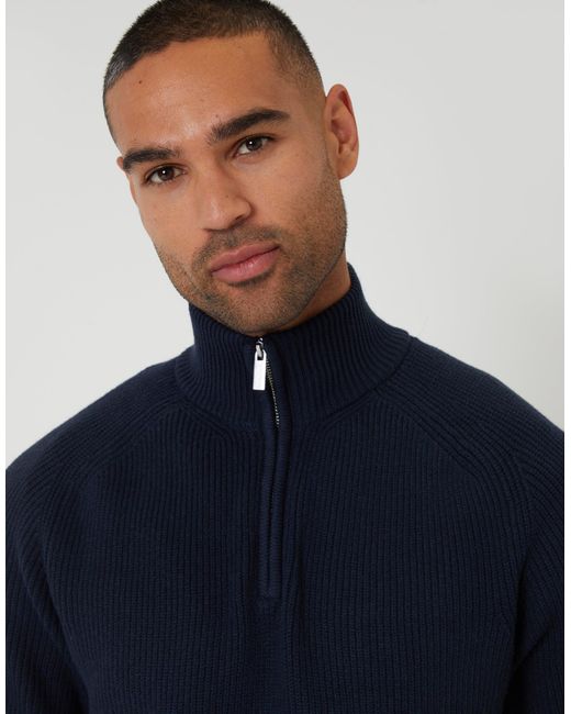 Threadbare Blue Rib Panel Quarter Zip Knitted Jumper for men
