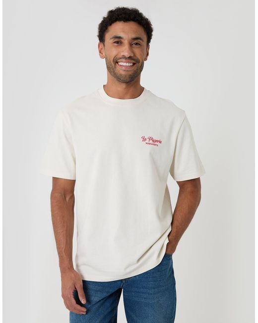 Threadbare White Relaxed Fit Pizzeria Peached Cotton T-Shirt for men