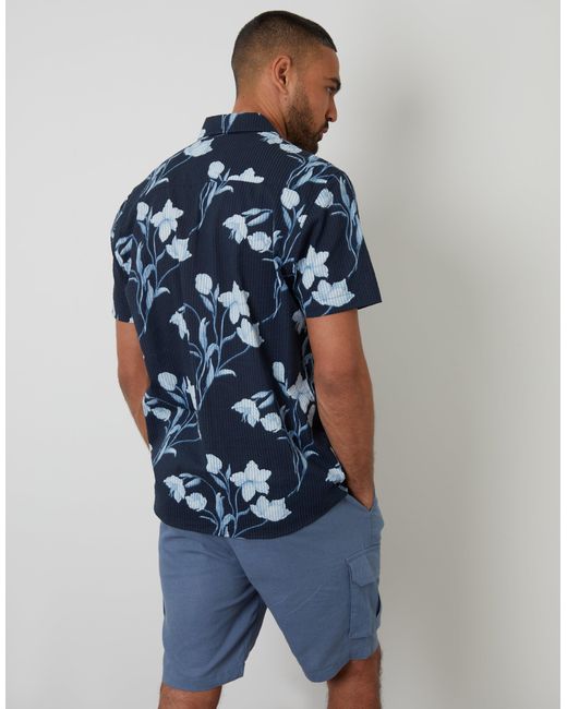 Threadbare Blue Floral Print Button Down Collar Short Sleeve Shirt for men