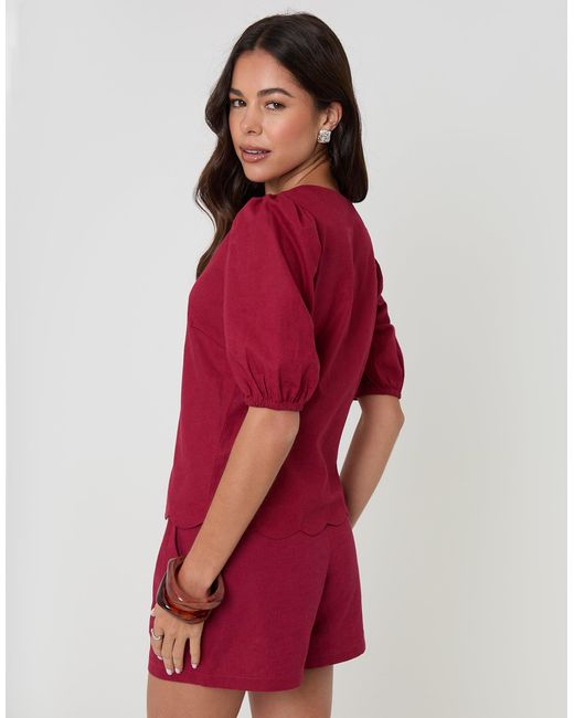 Threadbare Red Linen Blend Puff Sleeve Top