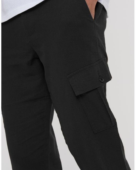 Threadbare Black Linen Blend Cargo Trousers for men
