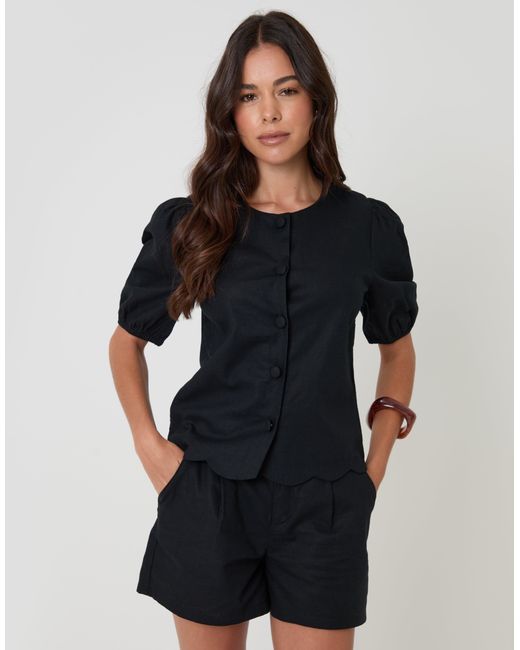 Threadbare Black Linen Blend Puff Sleeve Top
