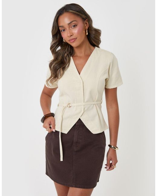 Threadbare White Denim Belted Short Sleeve Top