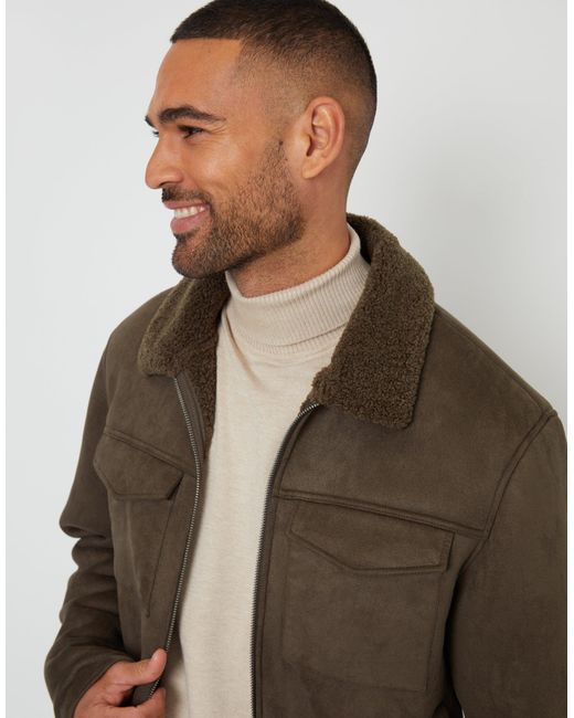 Threadbare Brown Faux Suede Borg Lined Aviator Jacket for men