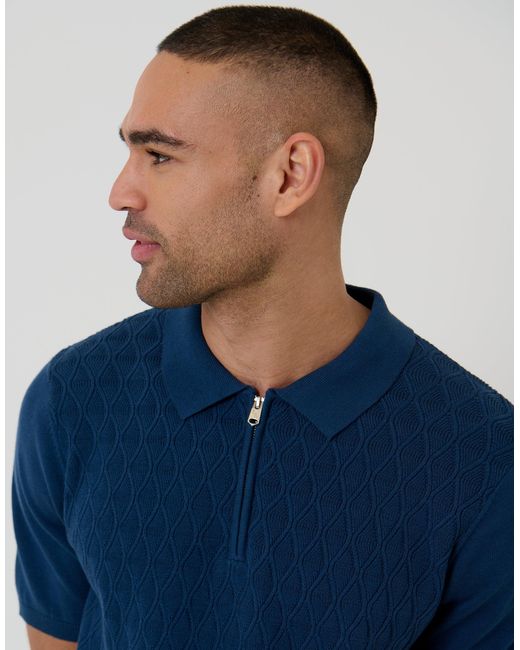 Threadbare Blue Diamond Cable Knit Quarter Zip Polo for men