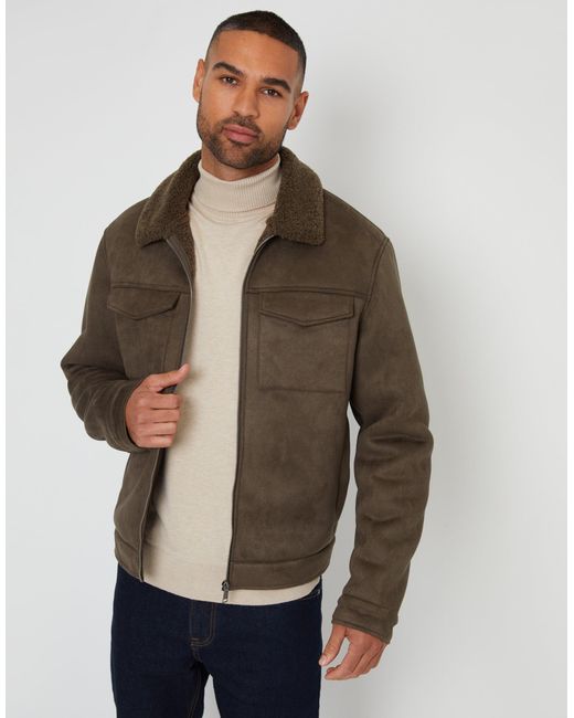 Threadbare Brown Faux Suede Borg Lined Aviator Jacket for men