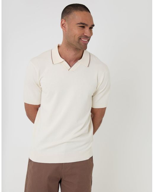 Threadbare White Knitted Contrast Tipping Trophy Neck Polo for men