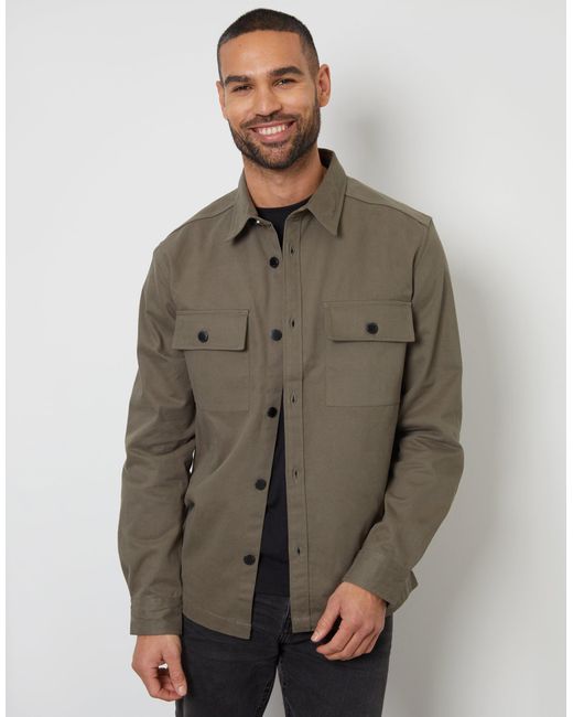 Threadbare Brown Relaxed Fit Cotton Twill Button Up Shacket for men