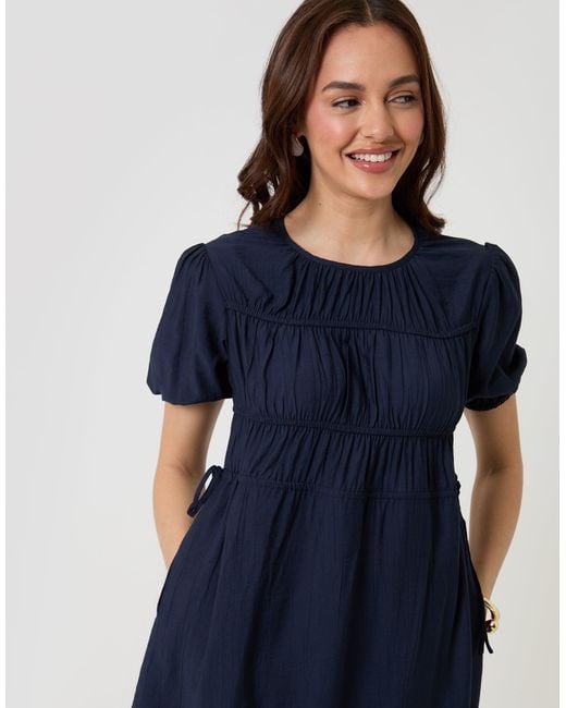 Threadbare Blue Ruched Drawstring Puff Sleeve Midi Dress