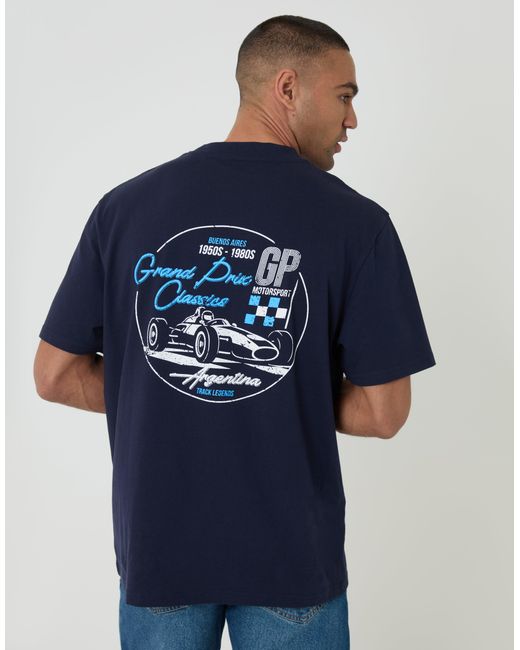 Threadbare Blue Relaxed Fit Motorsport Cotton T-Shirt for men