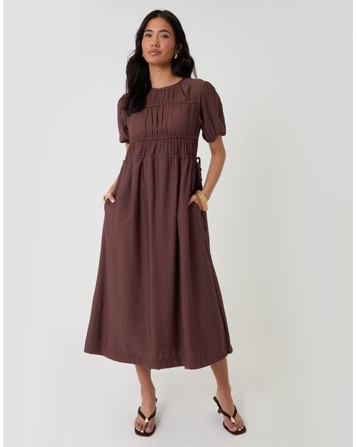 Threadbare Brown Ruched Drawstring Puff Sleeve Midi Dress