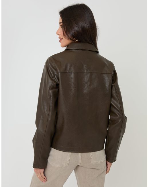 Threadbare Brown Faux Leather Cropped Button Up Jacket