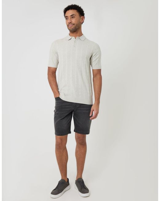 Threadbare White Cable Stripe Knitted Button Polo for men