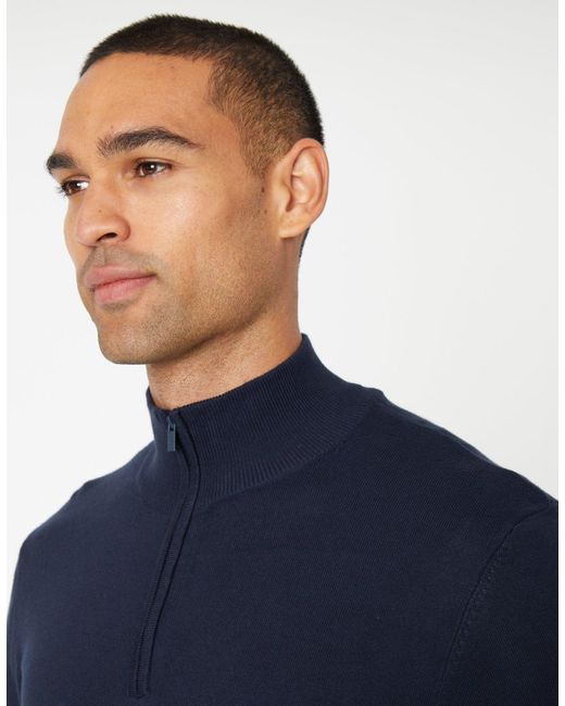 Threadbare Blue Funnel Neck Quarter Zip Knitted Jumper for men