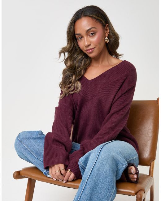 Threadbare Purple The Everyday Deep Rib V-Neck Jumper