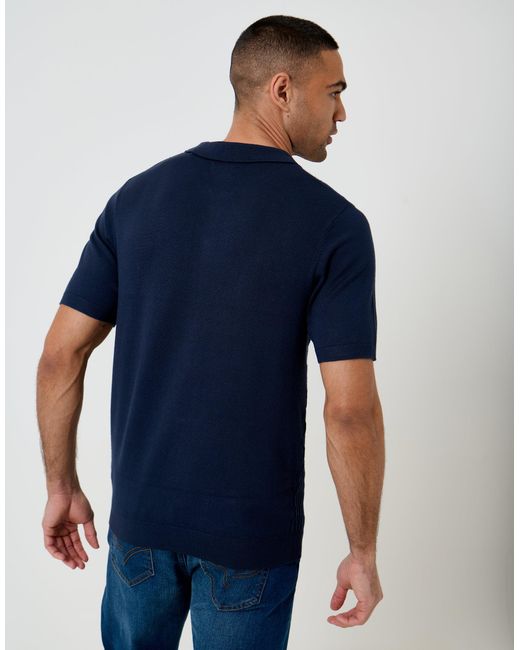 Threadbare Blue Textured Knit Quarter Zip Polo for men