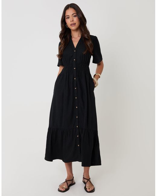 Threadbare Black Tiered Linen Blend V Neck Maxi Dress