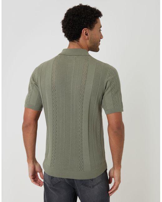 Threadbare Green Textured Stripe Knitted Polo for men
