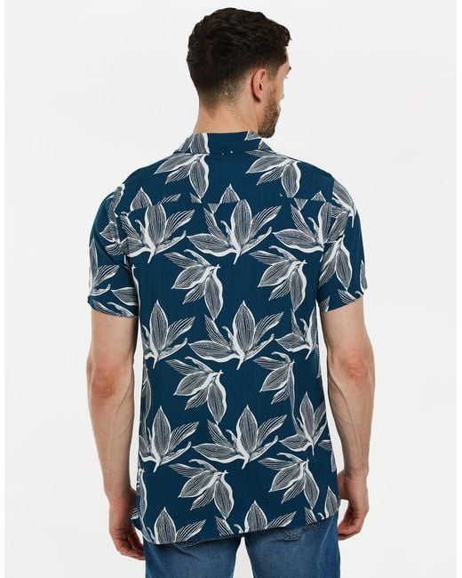 Threadbare Blue Leaf Print Short Sleeve Shirt for men