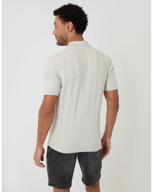 Threadbare White Cable Stripe Knitted Button Polo for men
