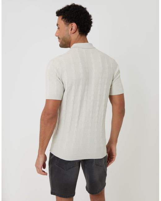 Threadbare White Cable Stripe Knitted Button Polo for men