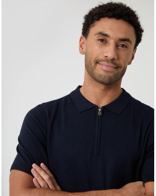 Threadbare Blue Quarter Zip Knitted Polo for men