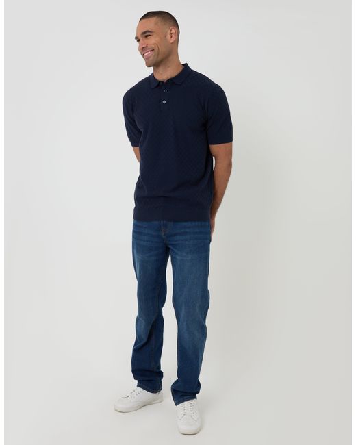 Threadbare Blue Basket Stitch Knitted Polo for men