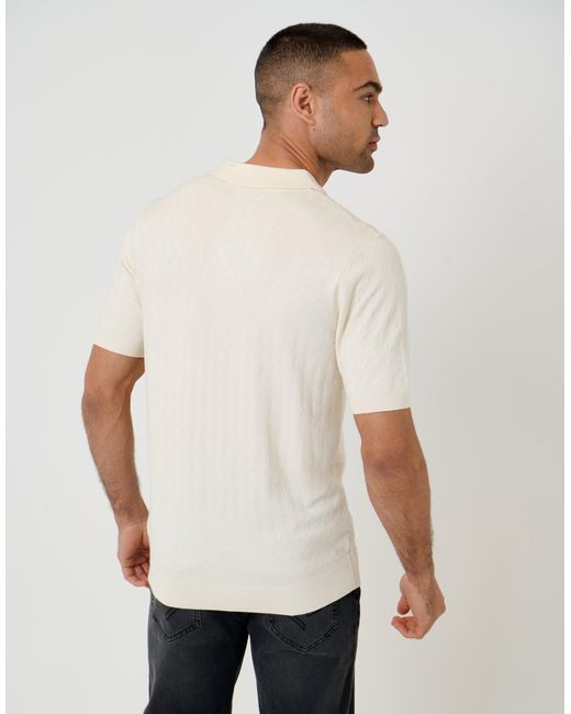 Threadbare White Zig Zag Stitch Knitted Polo for men