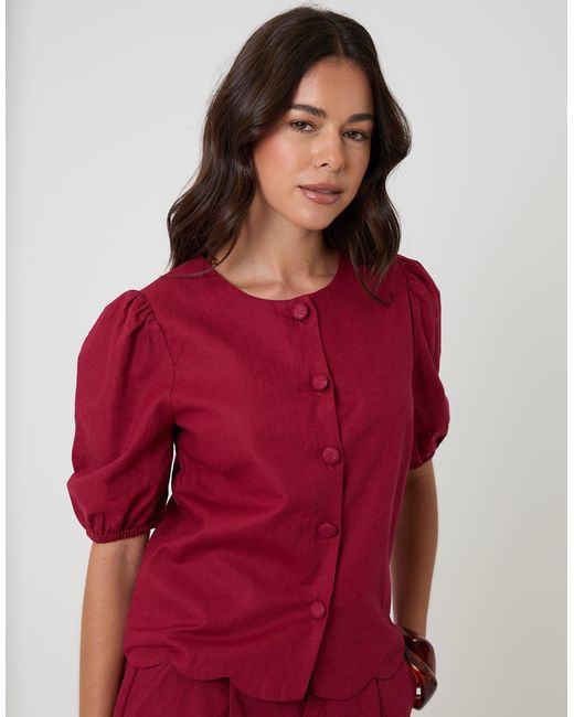 Threadbare Red Linen Blend Puff Sleeve Top
